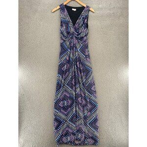 Chicos Dress Womens 0 US 4 Blue Abstract Knit Maxi Knotted V Neckline Stretch